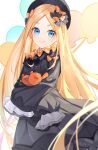  1girl abigail_williams_(fate) absurdres bangs black_bow black_dress black_headwear blonde_hair blue_eyes blush bow breasts dress fate/grand_order fate_(series) forehead hair_bow hat highres long_hair long_sleeves looking_at_viewer miyu10366 orange_bow parted_bangs ribbed_dress sleeves_past_fingers sleeves_past_wrists small_breasts smile solo stuffed_animal stuffed_toy teddy_bear 