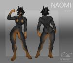  anthro black_hair breasts canid canine canis collaboration dobermann domestic_dog featureless_breasts female flexing front_view genitals hair hair_over_eye hi_res katfishcom mammal merime model_sheet muscular muscular_anthro muscular_female one_eye_obstructed pinscher pussy rear_view short_tail solo standing 
