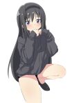  1girl akemi_homura bare_legs black_footwear black_hair blush drawstring eyebrows_hidden_by_hair hair_between_eyes hairband hateri highres hood hood_down hoodie kneeling long_hair long_sleeves looking_at_viewer mahou_shoujo_madoka_magica purple_eyes sidelocks sleeves_past_wrists smile solo 