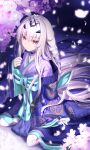  1girl bangs black_choker blue_kimono brown_eyes cherry_blossoms choker closed_mouth fairy_knight_lancelot_(dream_portrait)_(fate) fairy_knight_lancelot_(fate) fate/grand_order fate_(series) forked_eyebrows hair_ornament highres japanese_clothes kimono layered_clothes layered_kimono long_hair looking_at_viewer multicolored_clothes multicolored_kimono neko_daruma obi official_alternate_costume petals purple_kimono sash sitting sleeves_past_wrists solo very_long_hair wariza white_hair wide_sleeves 