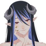  1girl 774_inc. akitetsu black_hair blue_hair blush brown_eyes brown_nails closed_mouth collarbone curled_horns demon_girl demon_horns grey_horns hand_on_own_cheek hand_on_own_face head_tilt hebiyoi_tier horns long_hair looking_at_viewer multicolored_hair pointy_ears portrait simple_background smile snake_bite solo sugar_lyric transparent_background two-tone_hair virtual_youtuber 