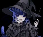  1girl 402_(o0_xxx) absurdres animal_ears bangs black_background black_dress blue_eyes blue_hair blunt_bangs bow cat_ears cat_tail commentary dot_nose dress fangs frilled_dress frilled_sleeves frills gothic_lolita hand_on_own_cheek hand_on_own_face hands_up hat hat_bow head_rest highres holding holding_wand lolita_fashion long_hair long_sleeves looking_at_viewer open_mouth original pale_skin ringed_eyes simple_background smile solo straight-on tail teeth wand witch witch_hat 
