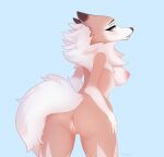  anthro blue_eyes blush breasts butt female fiamourr generation_7_pokemon genitals hi_res looking_at_viewer lycanroc midday_lycanroc nintendo nipples pokemon pokemon_(species) pokemorph pussy simple_background solo thick_thighs video_games 