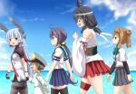  1boy 4girls admiral_(kancolle) akebono_(kancolle) akebono_kai_(kancolle) arm_warmers bangs bell black_hair black_pantyhose blue_skirt blue_sky blunt_bangs closed_eyes cloud day detached_sleeves double_bun dress floating_headgear flower grey_hair grey_skirt hair_bell hair_bun hair_flower hair_ornament hair_ribbon hat headband headgear highres jingle_bell kantai_collection light_brown_hair little_boy_admiral_(kancolle) long_hair medium_hair michishio_(kancolle) military military_uniform miniskirt multiple_girls murakumo_(kancolle) murakumo_kai_ni_(kancolle) naval_uniform necktie nontraditional_miko obi ocean outdoors pantyhose peaked_cap pleated_skirt purple_eyes purple_hair rappa_(rappaya) red_necktie red_skirt ribbon sailor_dress sash school_uniform serafuku shirt short_eyebrows short_sleeves short_twintails side_ponytail sidelocks skirt sky smile strapless strapless_dress suspenders thigh_strap thighband_pantyhose tress_ribbon twintails uniform very_long_hair walking white_headband white_shirt yamashiro_(kancolle) yamashiro_kai_ni_(kancolle) 