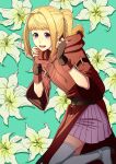  1girl :d aduti_momoyama antenna_hair aqua_background bangs blonde_hair boots brown_gloves clarine_(fire_emblem) cosplay drawstring fingerless_gloves fingernails fire_emblem fire_emblem:_the_binding_blade floral_background flower gloves hair_intakes hands_up highres hood hood_down lily_(flower) long_hair miniskirt open_mouth pink_skirt pleated_skirt ponytail purple_eyes round_teeth rutger_(fire_emblem) rutger_(fire_emblem)_(cosplay) skirt smile solo teeth thigh_boots thighhighs upper_body white_flower white_footwear white_thighhighs wide_sleeves zettai_ryouiki 
