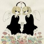 2others album_cover androgynous black_dress black_eyes blonde_hair bug centipede collar collared_dress cover detached_wings dress flower highres holding_hands interlocked_fingers multiple_others no_mouth official_art original shi_(yotsuhaka) short_hair white_background white_collar white_wings wings 