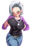  1girl alternate_hair_color android_18 bead_necklace beads belt belt_buckle blue_eyes breast_lift breasts buckle cowboy_shot denim dragon_ball dragon_ball_super earrings grey_hair grin jeans jewelry large_breasts mature_female necklace pants rom_(20) smile solo white_background 