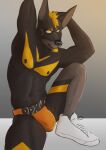  anthro beard black_nose blonde_hair brown_body bulge canid canine canis clothing dobermann domestic_dog donut_(donutdobie) facial_hair footwear hair male mammal nipples pinscher shoes sneakers solo underwear yellow_eyes zimdel 