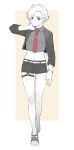  absurdres full_body highres jacket leo_(reiga) limited_palette looking_at_viewer midriff navel necktie o-ring_thigh_strap open_clothes open_jacket original parted_lips red_eyes red_necktie reiga_(act000) shirt shoes short_shorts shorts standing walking yellow_background 