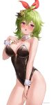  1girl :o ahoge alternate_costume bangs bare_arms bare_shoulders black_leotard blush bow_hairband breasts cleavage collar collei_(genshin_impact) commentary contrapposto covered_navel crossed_bangs detached_collar earrings genshin_impact green_hair groin hair_between_eyes hair_ornament hairband hand_on_own_chest highleg highleg_leotard highres ingurei397 jewelry leotard looking_at_viewer medium_breasts medium_hair nontraditional_playboy_bunny open_mouth pink_gemstone playboy_bunny purple_eyes red_hairband sidelocks simple_background single_earring solo strapless strapless_leotard thighs twitter_username white_background white_collar white_wrist_cuffs wrist_cuffs 