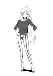  1girl absurdres ahoge bocchi_the_rock! breasts choker closed_eyes collarbone greyscale hands_on_hips highres ijichi_seika kimo_otaku_(ultimatekikuo3) large_breasts long_hair long_sleeves monochrome pants solo standing striped striped_pants white_background 