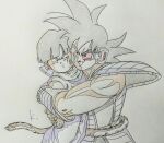  2boys armor black_eyes black_hair bowl_cut carrying cheek-to-cheek colored_pencil_(medium) dougi dragon_ball dragon_ball_z grin half-closed_eyes heads_together highres hug kakeru_(dbskakeru) male_focus monkey_tail multiple_boys one_eye_closed scouter shoulder_armor signature smile son_gohan tail tail_around_waist traditional_media tullece unamused 