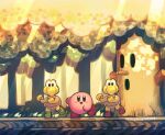  :d forest full_body grass green_footwear highres kirby kirby_(series) koopa_troopa light_rays looking_at_viewer mario_(series) nature nintendo no_humans open_mouth outdoors red_footwear smile standing standing_on_one_leg suyasuyabi tree whispy_woods 