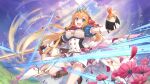  1girl armor blue_eyes cloud cloudy_sky crown dress flower food gloves holding holding_food holding_sword holding_weapon official_art onigiri orange_hair pecorine_(princess_connect!) petals princess_connect! sky sword weapon 