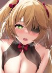  1girl bangs bare_shoulders blonde_hair breasts cleavage commentary covered_collarbone dot_nose drooling english_commentary eyepatch fischl_(genshin_impact) genshin_impact green_eyes hair_between_eyes heart heart-shaped_pupils heavy_breathing highres large_breasts long_hair looking_at_viewer open_mouth raised_eyebrow saliva simple_background skai_kun solo sweat symbol-shaped_pupils two_side_up unfinished upper_body 