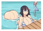  1girl 1other ass bikini black_hair blue_eyes breasts cleavage disembodied_limb highres huge_ass kill_la_kill large_breasts looking_to_the_side matoi_ryuuko multicolored_hair panties partially_submerged saucymojo short_hair solo_focus string_bikini striped striped_panties swimsuit two-tone_hair underwear wardrobe_malfunction wet wet_hair 