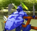  abdominal_bulge belly bench big_belly blue_body blue_fur burping canid canine canis fur male mammal muscular muscular_male pecs same_size_vore sitting tongue tongue_out vore wildside wolf 