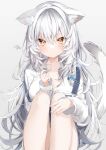  1girl absurdres animal_ear_fluff animal_ears bare_legs breasts cat_ears cat_tail cleavage closed_mouth collarbone grey_hair hair_between_eyes highres kamioka_shun&#039;ya knees_up large_breasts long_hair long_sleeves looking_at_viewer original overalls shirt simple_background sitting slit_pupils solo tail tsurime white_background white_hair white_shirt yellow_eyes 