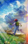  1boy ash_ketchum backpack bag baseball_cap black_hair commentary day grass green_bag hanenbo hat highres light_rays male_focus outdoors pants pikachu pokemon pokemon_(anime) pokemon_(classic_anime) pokemon_(creature) red_headwear running shirt shoes short_hair short_sleeves signature standing white_shirt 