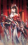  1girl breasts choker collarbone earrings facial_mark highres holding holding_sword holding_weapon japanese_clothes jewelry katana long_hair looking_at_viewer medium_breasts neon_(pixiv_31150749) open_mouth original red_eyes red_nails sheath standing sword unsheathing weapon 
