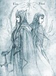  2boys armor back-to-back blue_theme brothers cape closed_mouth elrond elros helm helmet highres holding holding_sword holding_weapon kazuki-mendou monochrome multiple_boys pauldrons profile shoulder_armor siblings standing sword the_silmarillion tolkien&#039;s_legendarium weapon winged_helmet 