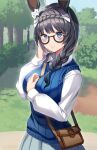  animal_ears bag between_breasts blue_eyes blurry blurry_background braid breasts commentary_request crown_braid glasses grass hair_ornament handbag highres horse_ears horse_girl lamppost large_breasts long_hair side_braid smile tree umamusume yu_ni_t zenno_rob_roy_(umamusume) 