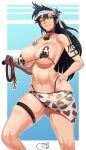  1girl 2022 animal_print bandaged_head bandages bare_shoulders bell bikini black_hair bleach blue_eyes breasts castell cleavage contrapposto cow_print cowbell hair_between_eyes hand_on_hip highleg highleg_bikini highres holding holding_whip large_breasts long_hair looking_at_viewer navel neck_bell parted_lips print_bikini print_sarong prosthesis prosthetic_arm sarong shiba_kuukaku shoulder_tattoo signature skindentation smile solo swimsuit tattoo thigh_strap thighs toned underboob 