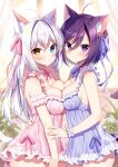  2girls :o ahoge aina_rive animal_ear_fluff animal_ears antenna_hair bangs bare_shoulders blush breast_press breasts cat_ears cat_girl cat_tail cleavage closed_mouth commentary hair_between_eyes hair_intakes indoors large_breasts long_hair mauve multiple_girls nightgown original parted_lips purple_eyes purple_hair smile symbol-only_commentary symmetrical_docking tail very_long_hair white_hair 