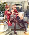  2girls adapted_costume alternate_costume antenna_hair antlers ass black_footwear black_thighhighs blonde_hair blue_eyes bottomless braid breasts brown_eyes brown_hair brown_thighhighs bun_cover cammy_white capelet christmas_tree chun-li cleavage couch crossed_legs double_bun dress earrings fake_antlers full_body fur_trim grin hair_bun high_heels highres hood hooded_capelet indoors jewelry large_breasts leotard lips long_legs low_twin_braids multiple_girls no_pants paw_pose puckered_lips red_capelet red_dress red_footwear red_hood red_leotard reindeer_antlers seed01010 short_hair side_slit sitting smile street_fighter stud_earrings thighhighs thong_leotard twin_braids waving 