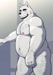 2022 anthro beard belly big_belly blush canid canine canis domestic_dog facial_hair grey_body hi_res humanoid_hands kemono kick_(artist) male mammal moobs navel nipples overweight overweight_male solo 