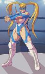  1girl blonde_hair blue_eyes blue_leotard blush boots breasts butcherboy clothing_cutout full_body grin hair_pulled_back highres large_breasts leotard long_hair looking_at_viewer mask muscular muscular_female rainbow_mika shoulder_cutout smile solo standing street_fighter street_fighter_zero_(series) stretching thick_thighs thighs twintails white_footwear wrestling_outfit 