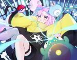  1girl absurdres bellibolt black_shorts blue_hair blurry blush chromatic_aberration commentary_request electricity grey_pantyhose grin highres iono_(pokemon) jacket long_hair pantyhose pink_hair poke_ball poke_ball_(basic) pokemon pokemon_(creature) pokemon_sv purple_eyes shorts single_leg_pantyhose smile star_(symbol) star_print teeth tetra_(ktet4_illu) thigh_strap yellow_jacket 