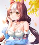  1girl animal_ears bare_shoulders blue_sleeves brown_eyes brown_hair collarbone commentary detached_sleeves dress horse_ears long_hair long_sleeves looking_away low_twintails multicolored_hair parted_lips rukinya_(nyanko_mogumogu) sleeves_past_wrists solo strapless strapless_dress symbol-only_commentary twintails two-tone_hair umamusume upper_body very_long_hair white_dress white_hair wide_sleeves yamanin_zephyr_(umamusume) 