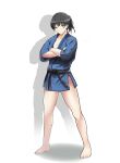  1girl absurdres alternate_costume amagami bangs bare_legs barefoot black_eyes black_hair blush bottomless breasts cleavage commentary_request crossed_arms dougi gyuunyuu_pack_(tanaka) highres looking_at_viewer medium_breasts ponytail short_hair simple_background solo standing thighs tsukahara_hibiki 