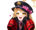  1girl black_coat black_headwear black_ribbon blonde_hair blue_archive blush bow coat collared_shirt frilled_ribbon frills hair_ribbon halo hat hat_bow heart highres ibuki_(blue_archive) ldl_(bcw1025) looking_at_viewer neck_ribbon open_mouth peaked_cap pink_bow ribbon shirt side_ponytail simple_background sleeves_past_fingers sleeves_past_wrists smile solo upper_body white_background white_shirt yellow_eyes 