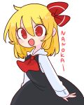  1girl :d ascot black_vest blonde_hair commentary hair_between_eyes highres is_that_so looking_at_viewer op_na_yarou open_mouth red_ascot red_eyes romaji_text rumia shirt short_hair simple_background smile solo touhou vest white_background 