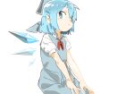 1girl 3: arm_support bad_drawr_id bad_id bangs blue_bow blue_dress blue_eyes blue_hair blue_wings bow bowtie cirno closed_mouth detached_wings dress feet_out_of_frame from_side hair_between_eyes hair_bow half_updo ice ice_wings invisible_chair jaggy_lines light_blush looking_at_viewer looking_to_the_side negative_space oekaki pinafore_dress puffy_short_sleeves puffy_sleeves red_bow red_bowtie senzaki short_hair short_sleeves simple_background sitting solo touhou white_background wing_collar wings 