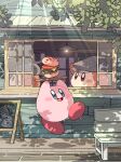  arms_up bench blue_eyes blush blush_stickers brown_eyes burger day flat_cap food full_body grey_headwear hanging_light hat holding holding_plate kirby kirby_(series) light_rays looking_up mutekyan no_humans open_mouth outdoors plate shadow sign smile waddle_dee window 