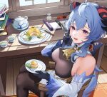  1girl absurdres ahoge bangs bare_shoulders bell black_gloves blue_hair blush book bow breasts cake cup detached_sleeves eating food fork ganyu_(genshin_impact) genshin_impact gloves highres horns indoors knife long_hair looking_at_viewer medium_breasts mitarashimame neck_bell open_mouth plate purple_eyes sidelocks sitting smile solo table tea upper_body white_sleeves window 
