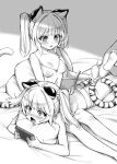  2girls alphy animal_ears ass bai_(granblue_fantasy) bangs barefoot blush book breasts camisole collarbone commentary_request erune fang granblue_fantasy greyscale highres holding holding_book huang_(granblue_fantasy) lying monochrome multiple_girls nintendo_switch on_stomach open_mouth panties paw_print pillow playing_games siblings sisters sitting skin_fang small_breasts smile tail tail_grab tiger_ears tiger_girl tiger_stripes tiger_tail twins twintails underwear 