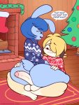  absurd_res anthro anthro_on_anthro balls blonde_hair bottomless canid canine canis christmas christmas_tree clothed clothing domestic_dog genitals girly hair hi_res holidays lagomorph leporid male male/male mammal penis pkfirefawx plant rabbit tree 