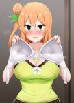  1girl absurdres bra breasts embarrassed green_eyes hair_bun highres hinatsuki_mikan holding holding_bra holding_clothes holding_underwear large_breasts long_hair looking_at_viewer machikado_mazoku no_bra open_mouth solo sura_sura sweat tongue underwear white_bra 