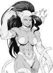  1girl abs absurdres animal_ears bare_shoulders biceps breasts cat_ears cat_girl cat_tail cleavage_cutout clothing_cutout collarbone deltoids felicia_(vampire) fingernails fur fur-trimmed_gloves fur_trim gloves greyscale highres inner_senshi large_breasts long_hair looking_at_viewer monochrome muscular muscular_female naughty_face neck_ribbon ponytail quads ribbon sharp_fingernails speedl00ver tail underboob v-shaped_eyebrows vampire_(game) 