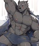  absurd_res anthro blaidd_(elden_ring) canid canine canis elden_ring eye_scar facial_scar fromsoftware graysheartart hi_res looking_at_viewer male mammal muscular muscular_anthro muscular_male nipples pecs presenting scar simple_background smile solo towel video_games wolf 