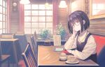  1girl black_hair blush book cafe chair closed_mouth cup glasses hand_on_own_face highres indoors jewelry koh_rd long_sleeves looking_at_viewer medium_hair necklace original sitting table tea teacup window yellow_eyes 