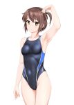  1girl absurdres arm_up armpits black_one-piece_swimsuit black_ribbon breasts brown_hair cameltoe commission competition_swimsuit covered_navel etou_kanami hair_ribbon highres looking_at_viewer multicolored_clothes multicolored_swimsuit one-piece_swimsuit one_side_up ribbon short_hair simple_background skeb_commission small_breasts solo swimsuit takafumi toji_no_miko white_background 