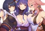  3girls asymmetrical_docking bangs bare_shoulders black_hair breast_press breasts cleavage dress genshin_impact hair_ornament highres japanese_clothes kujou_sara large_breasts looking_at_viewer multiple_girls pink_hair purple_eyes purple_hair raiden_shogun seductive_smile sideboob smile sukoyaka93 underboob yae_miko yellow_eyes 