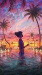  1girl absurdres bird cloud cup drinking_straw hair_bun hair_ornament hairclip highres holding holding_cup looking_up original palm_tree pasoputi pool scenery short_sleeves sky sunset tree wading 
