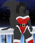  2022 4:5 5_fingers anthro belt big_breasts black_body black_fur black_hair black_nose breasts canid canine canis christmas christmas_clothing clothed clothing colored_nails digital_media_(artwork) female fingernails fingers flat_colors fur fur_trim_(clothing) ghostwolf hair holidays humanoid_hands legwear leotard long_hair looking_at_viewer mammal mature_anthro mature_female multicolored_body multicolored_fur nails night pose railing red_nails sharon_cullen signature sky solo star starry_sky thigh_highs two_tone_body two_tone_fur white_body white_fur wolf 