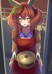  1girl absurdres animal_ears apron blush brown_eyes commentary_request cooking_pot door hair_between_eyes hair_ornament highres holding holding_cooking_pot horse_ears horse_girl looking_at_viewer medium_hair nice_nature_(umamusume) open_mouth pov red_apron red_hair sashimi0gou school_uniform solo twintails umamusume 
